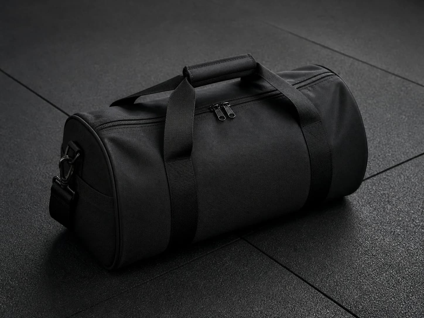 Illustrative product photograph of an unbranded black gym bag
