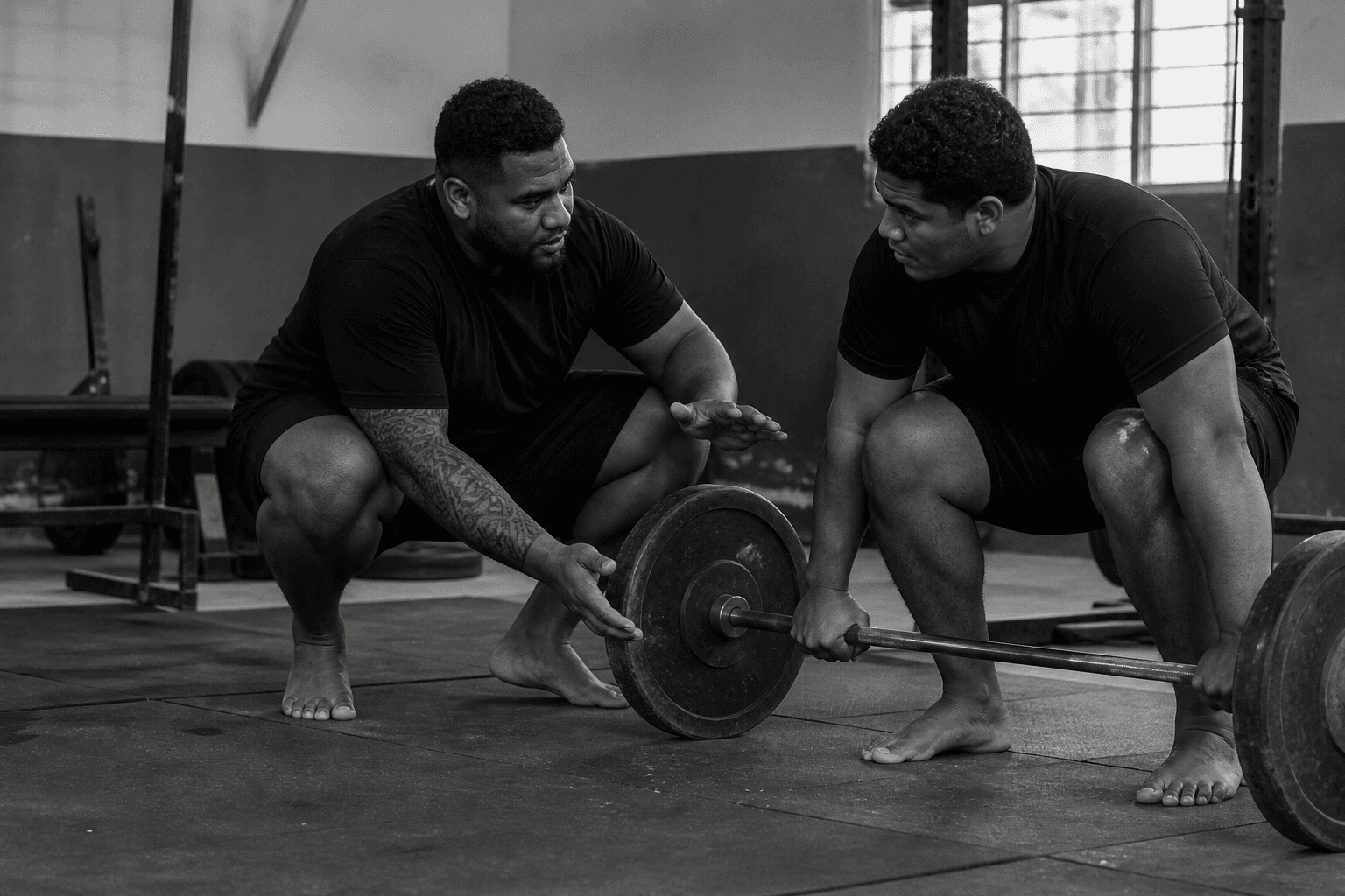 Two people beside a loaded barbell