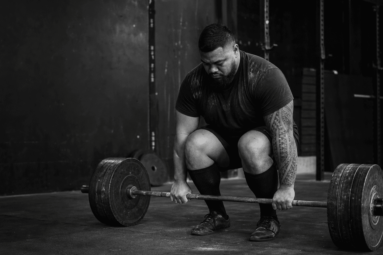 Person preparing to lift a loaded barbell