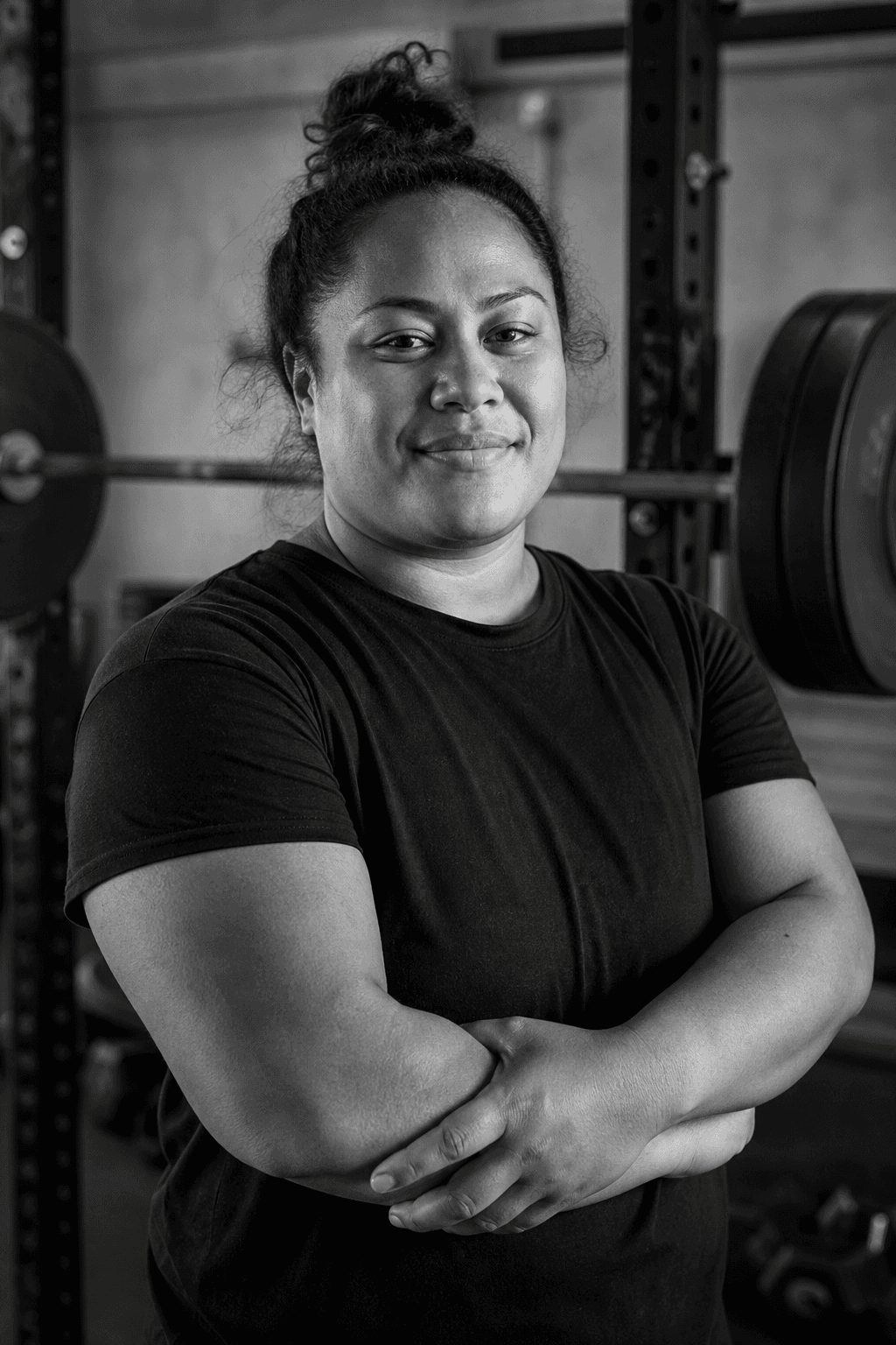 Person in a black shirt with folded arms beside a loaded barbell